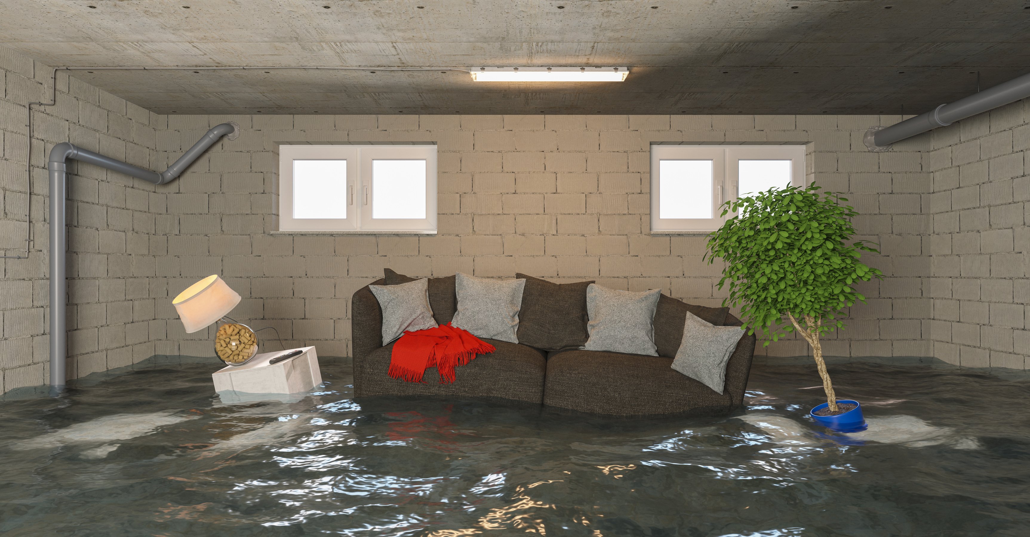 Water Damage in Basement after Flooding with Sofa